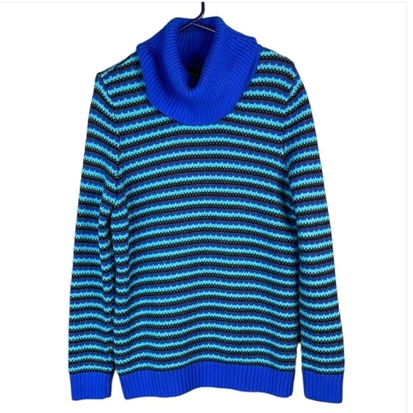 TALBOTS Lambswool Stripe Turtleneck Knit Sweater Cornflower Blue Chunky Prep M - Picture 2 of 10